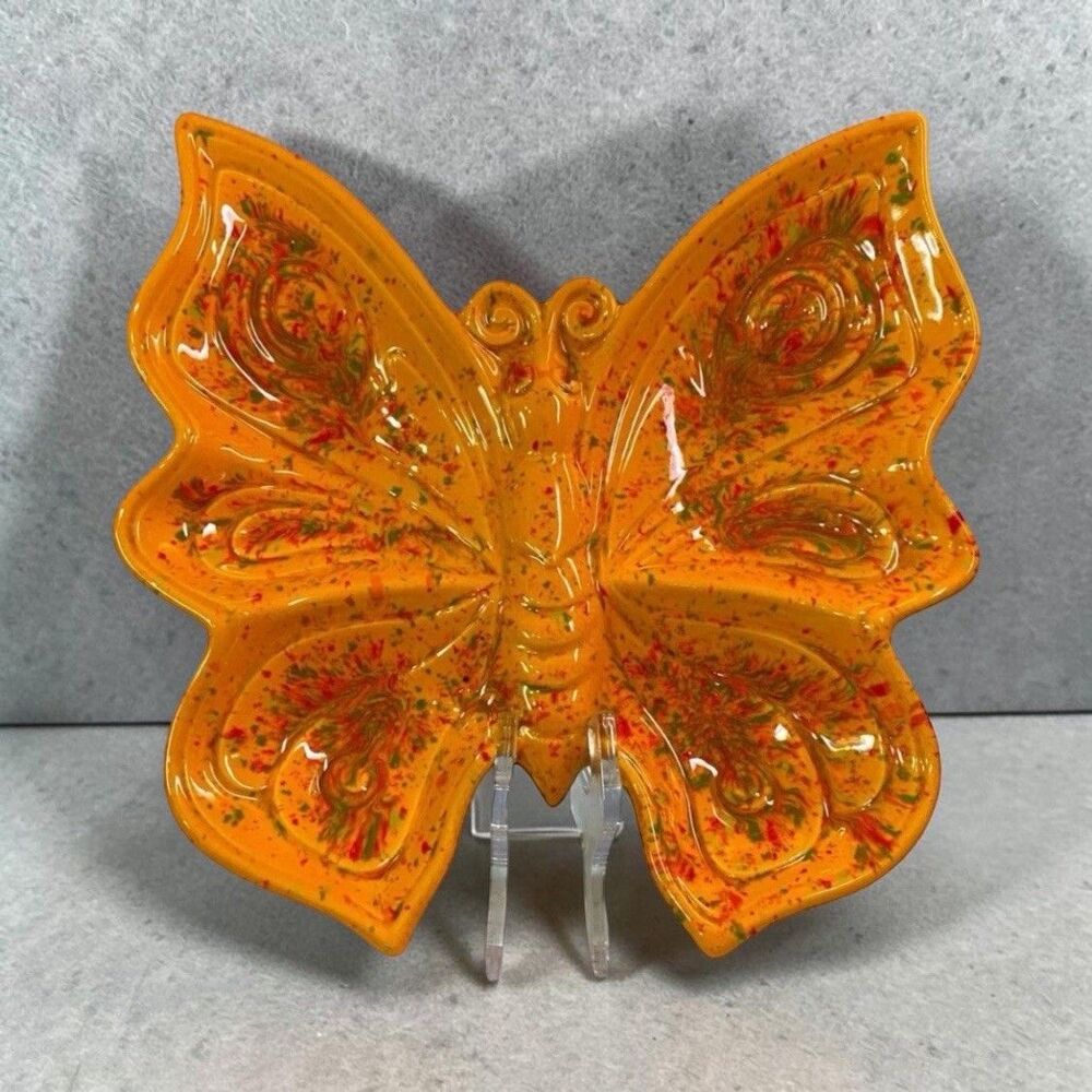 Vintage 1977 Butterfly Dish Orange Splatter Glaze MCM 11” VT Signed